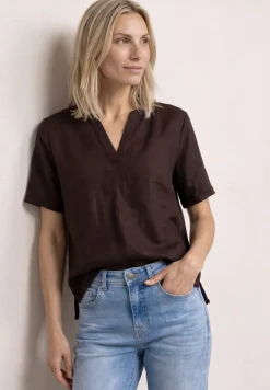 Blouse à col fendu en lin mélangé