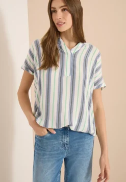 Blouse à manches courtes avec col fendu et rayures
