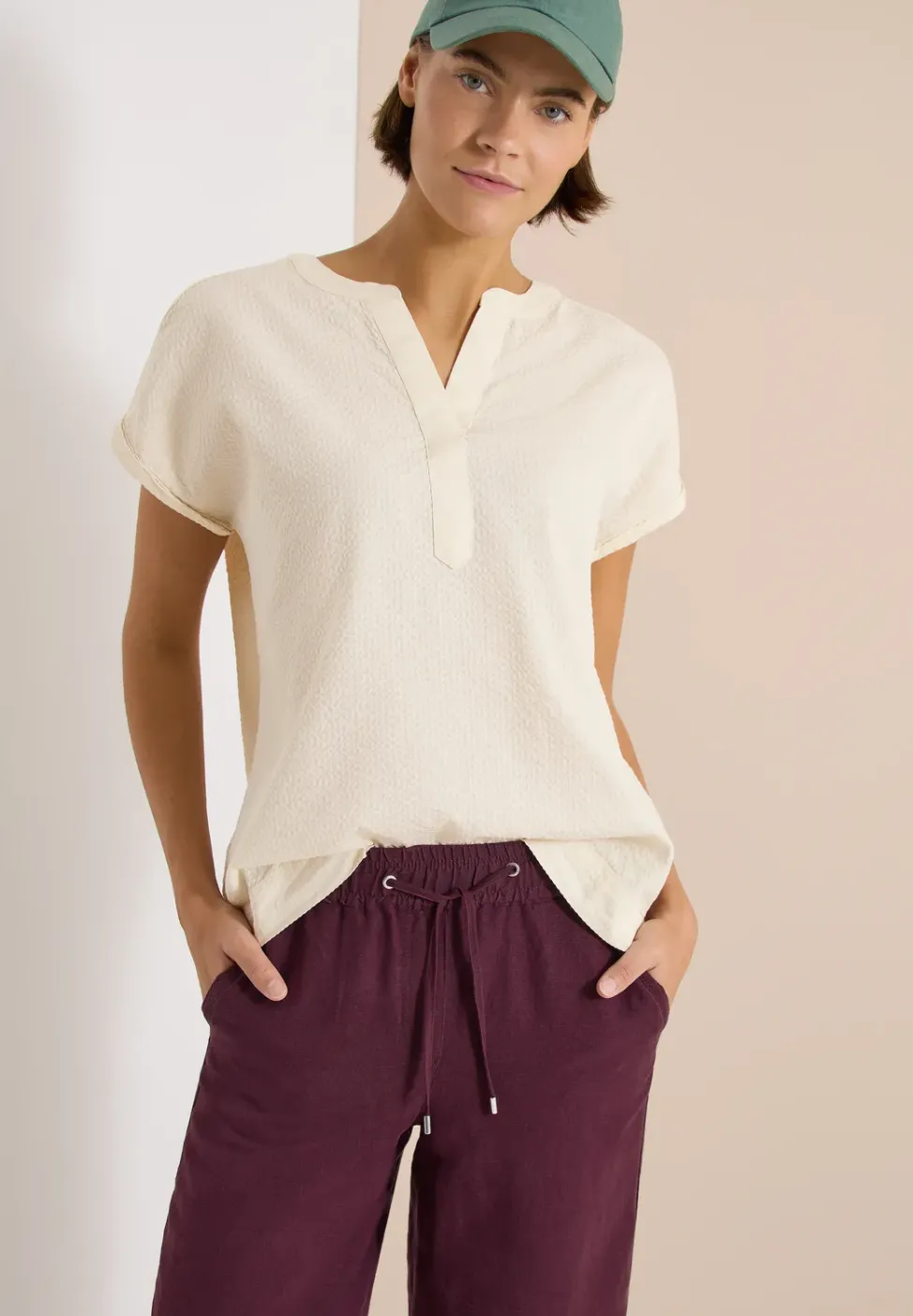 Blouse à épaules tombantes en seersucker