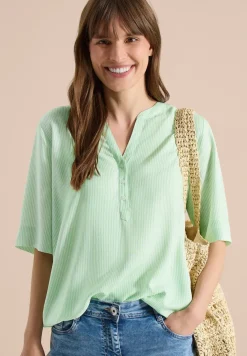 Blouse à manches courtes avec col fendu et rayures