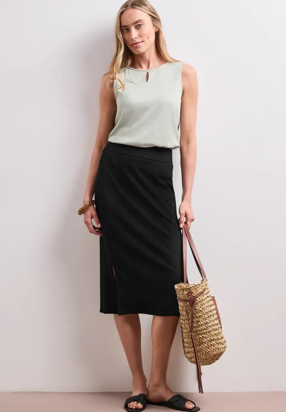 Jupe midi en structure côtelée avec taille élastique
