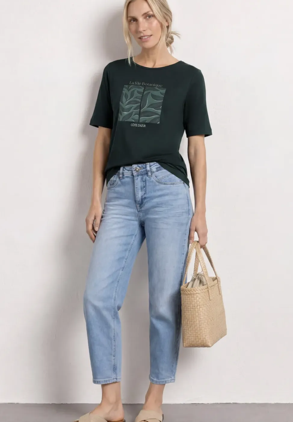 T-shirt à col rond avec motif de feuilles