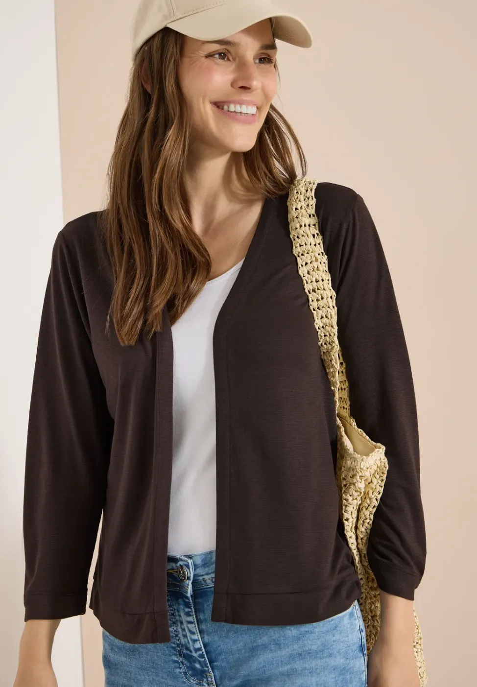 Veste ouverte en couleur unie avec manches 3/4