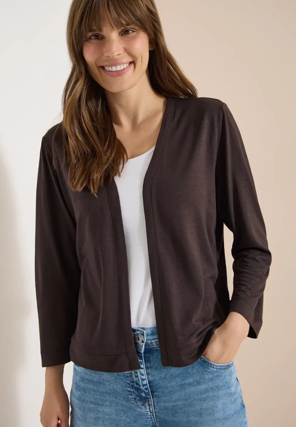 Veste ouverte en couleur unie avec manches 3/4